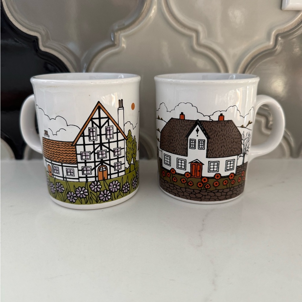 Vintage English Cottage Illustration Mug Set – Made in England